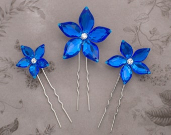 Fleur Flower Hair Pins in Royal Blue, Set of 3 - Choice of Small, Medium, Large, or Mixed Flowers