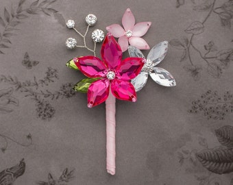 ONE PIECE Ready to Ship - Connor Boutonniere in Hot Pink, Rose Pink Luster and Fern Green - Modern Flower Boutonniere for Weddings