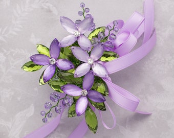 Anna Wrist Corsage in Light Lavender and Purple Luster with Fern Green - Luxe Wedding and Prom Accessories