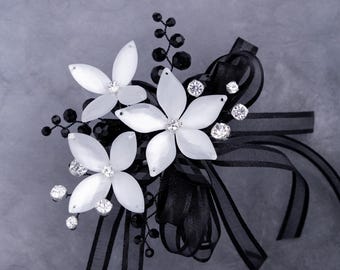 Sylvie Wrist Corsage in White Luster and Jet Black for Weddings and Prom