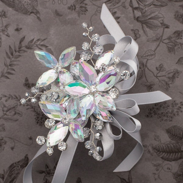 Sylvie Wrist Corsage in Soft Iridescence with Silver Crystals - Modern Flower Corsage -Luxe Wedding and Prom Accessories