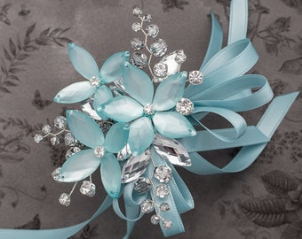 Sylvie Wrist Corsage in Misty Teal Blue Luster with Silver Crystals - Modern Flower Corsage -Luxe Wedding and Prom Accessories