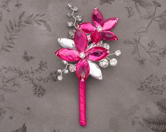 ONE PIECE Ready to Ship - Gabriel Boutonniere in Hot Pink & Silver - Perfect for Weddings and Prom
