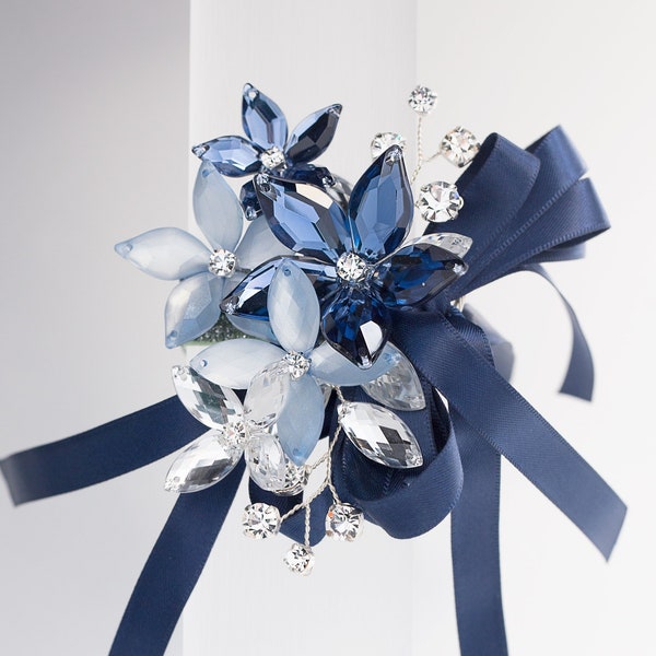 Sophie Wrist Corsage in Antique Blue, Porcelain Blue Luster & Silver - Modern Flower Corsage - Perfect for Navy Dresses and Prom