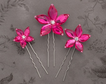 Fleur Flower Hair Pins in Hot Pink, Set of 3 - Choice of Small, Medium, Large, or Mixed Flowers