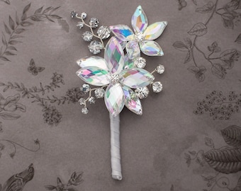 Gabriel Boutonniere in Soft Iridescence with Silver Crystals - Perfect for Weddings and Prom