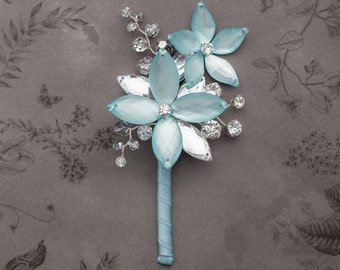 Gabriel Boutonniere in Misty Teal Blue Luster with Silver Crystals - Perfect for Weddings and Prom