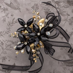 Sylvie Wrist Corsage in Jet Black and Gold -Luxe Wedding and Prom Accessories