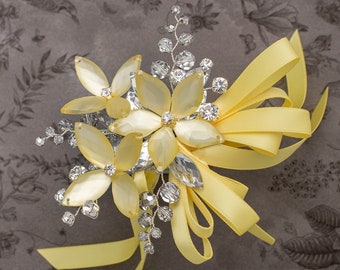 Sylvie Wrist Corsage in Yellow Luster with Silver Crystals - Modern Flower Corsage -Luxe Wedding and Prom Accessories