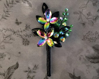 Henry Boutonniere in Iridescent Volcano, Green and Jet Black - Perfect for Weddings and Prom