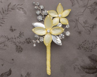 Gabriel Boutonniere in Yellow Luster with Silver Crystals - Perfect for Weddings and Prom