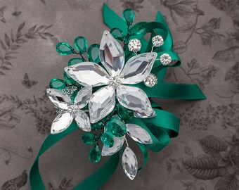 Chloe Wrist Corsage in Emerald and Silver - Modern Flower Corsage -Luxe Wedding and Prom Accessories