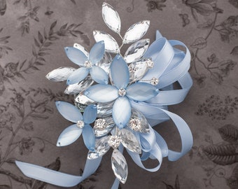 Madison Wrist Corsage in Porcelain Blue Luster and Silver - Modern Flower Corsage - Luxe Wedding & Prom Accessories, Perfect for Prom