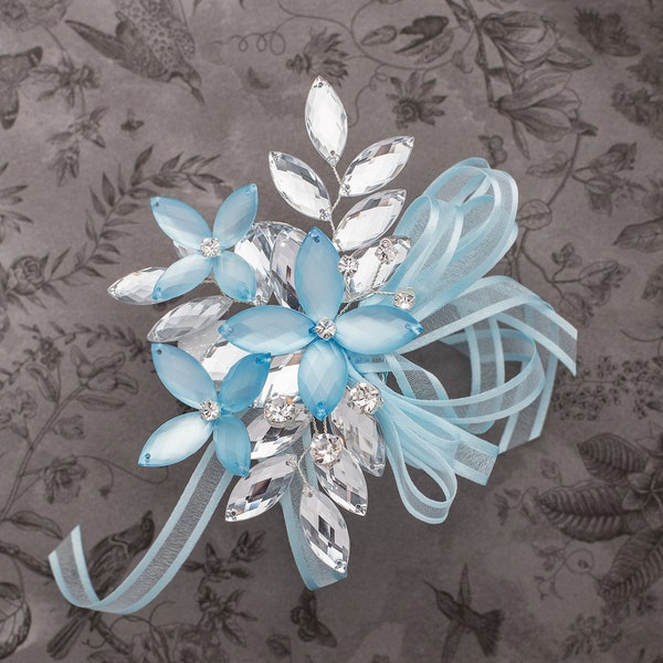 Madison Wrist Corsage in Sky Blue Luster and Silver - Modern Flower Corsage - Luxe Wedding & Prom Accessories, Perfect for Prom