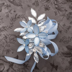 Porcelain Blue Luster flowers with Silver Sparkle Leaves, Madison Wrist Corsage for weddings and prom, mother of the bride or groom