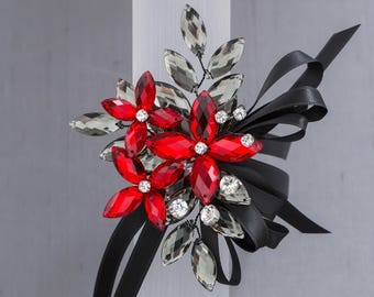 Madison Wrist Corsage in Red & Deep Graphite with Black Wire for Weddings and Prom