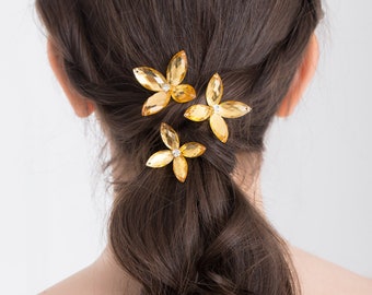 Ellie Flower Hair Pins in Gold or Gold Luster, Set of 3 - Choice of Small, Medium, Large, or Mixed Flowers - Luxe Wedding & Prom Accessories