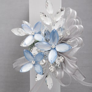 Madison Wrist Corsage in Porcelain Blue Luster and Silver Modern Flower Corsage Luxe Wedding & Prom Accessories, Perfect for Prom image 4