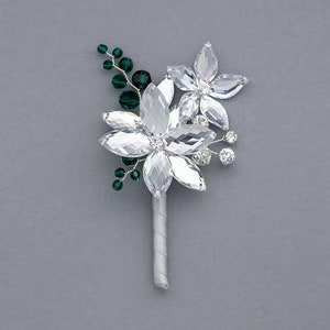Gabriel Boutonniere in Silver with Deep Emerald Crystals