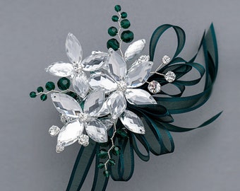 Sylvie Wrist Corsage in Silver with Deep Emerald Crystals - Modern Flower Corsage -Luxe Wedding and Prom Accessories