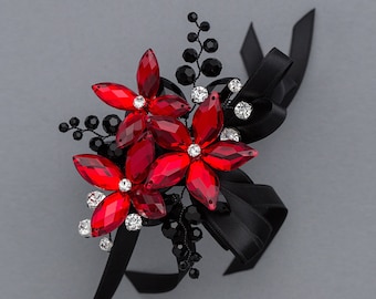 Sylvie Wrist Corsage in Red & Jet Black - Modern Flower Corsage -Luxe Wedding and Prom Accessories