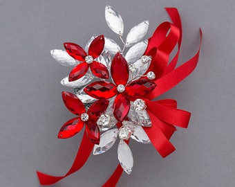 ONE PIECE Ready to Ship Madison Wrist Corsage in Red & Silver - Modern Flower Corsage - Perfect for Prom