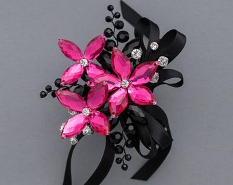 Sylvie Wrist Corsage in Hot Pink & Jet Black - Modern Flower Corsage -Luxe Wedding and Prom Accessories