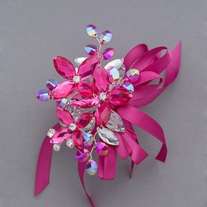 Hot pink wrist corsage with iridescent accents, crystal corsage for homecoming, prom and weddings
