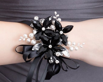 Sylvie Wrist Corsage in Jet Black & Silver with White Swarovski Crystal Pearls - Modern Flower Corsage -Luxe Wedding and Prom Accessories