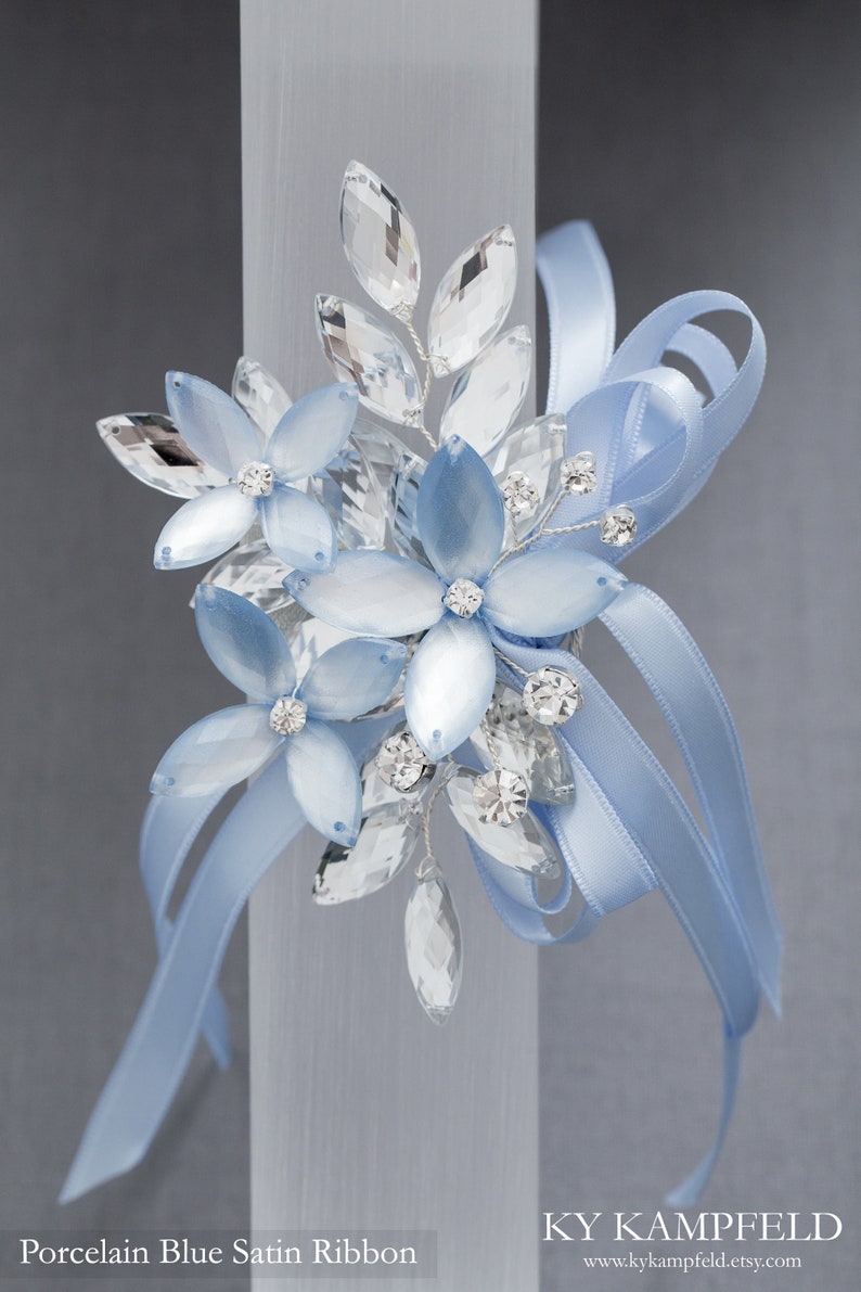 Madison Wrist Corsage in Porcelain Blue Luster and Silver Modern Flower Corsage Luxe Wedding & Prom Accessories, Perfect for Prom image 3