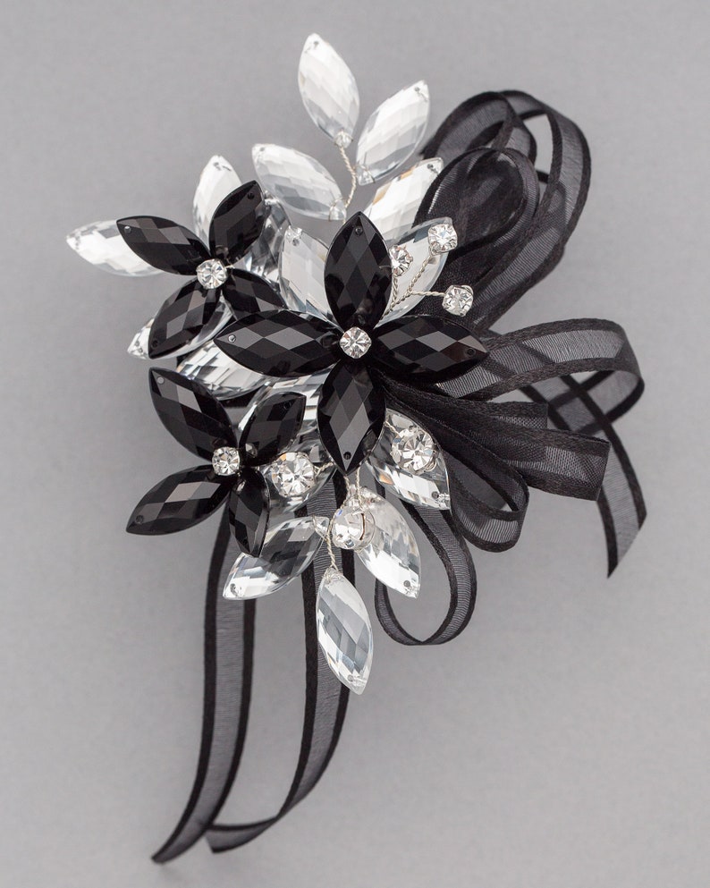 Madison Wrist Corsage in Jet Black & Silver Modern Flower Corsage Luxe Wedding and Prom Accessories, Perfect for Prom image 3