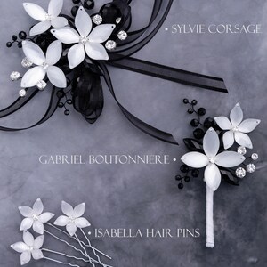 Sylvie Wrist Corsage in White Luster and Jet Black - Modern Flower