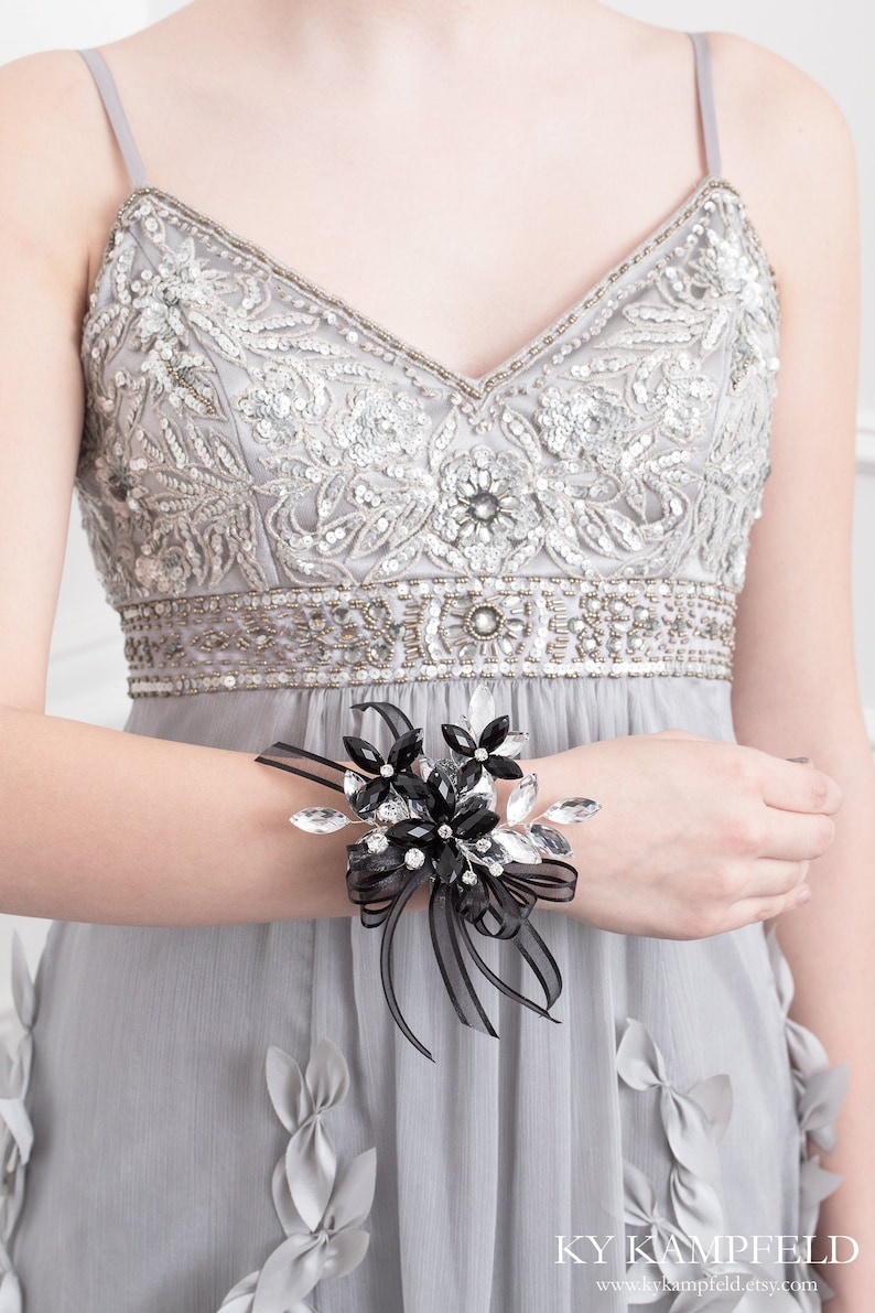 Madison Wrist Corsage in Jet Black & Silver Modern Flower Corsage Luxe Wedding and Prom Accessories, Perfect for Prom image 1