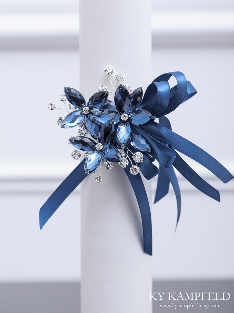 Amelia Wrist Corsage in Antique Blue Modern Flower Corsage Luxe Wedding & Prom Accessories, Perfect Navy Dresses and Prom image 3