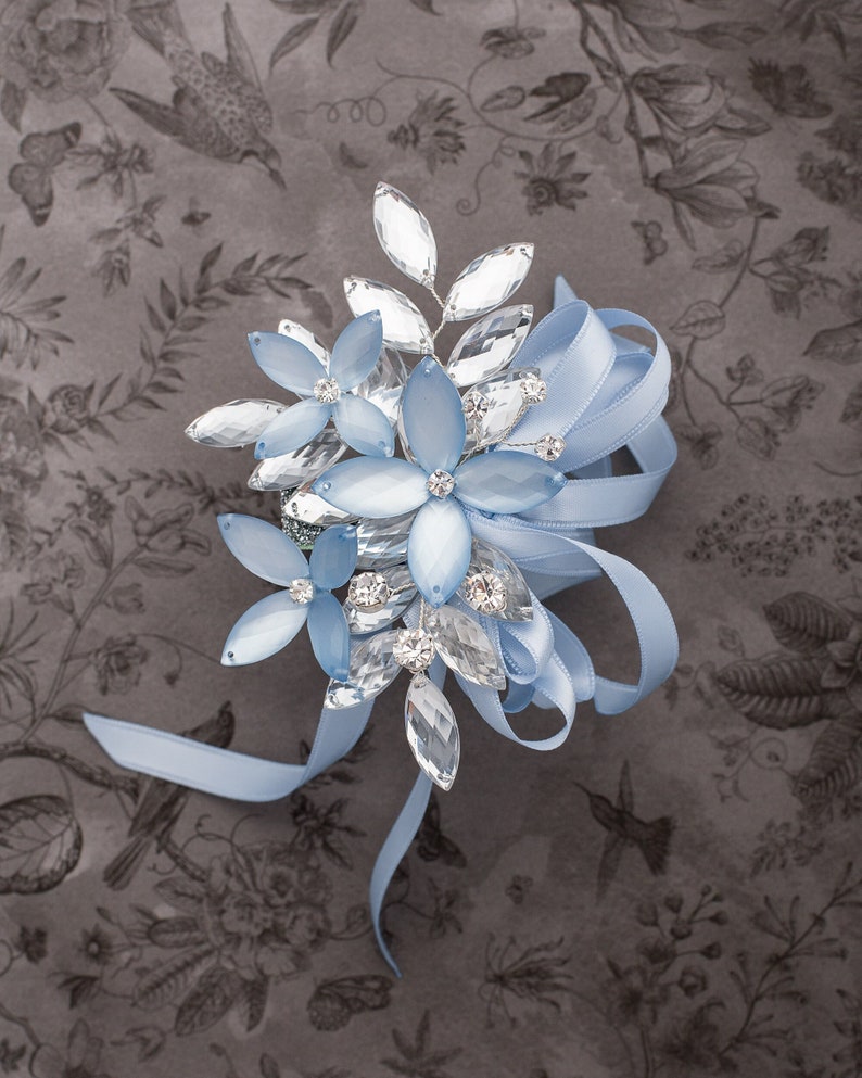 Porcelain Blue Luster flowers with Silver Sparkle Leaves, Madison Wrist Corsage for weddings and prom, mother of the bride or groom