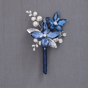 Pearl Gabriel Boutonniere in Antique Blue and Silver with White Swarovski Crystal Pearls Perfect for Weddings and Prom image 2