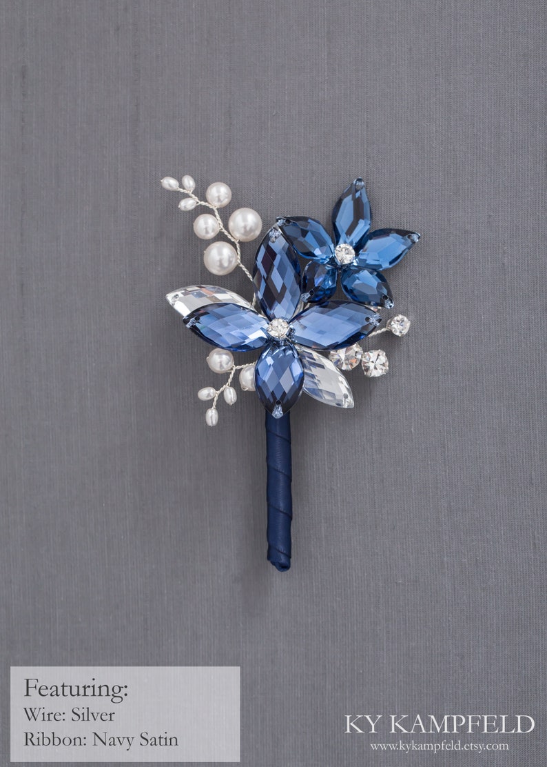 Pearl Gabriel Boutonniere in Antique Blue and Silver with White Swarovski Crystal Pearls Perfect for Weddings and Prom image 2