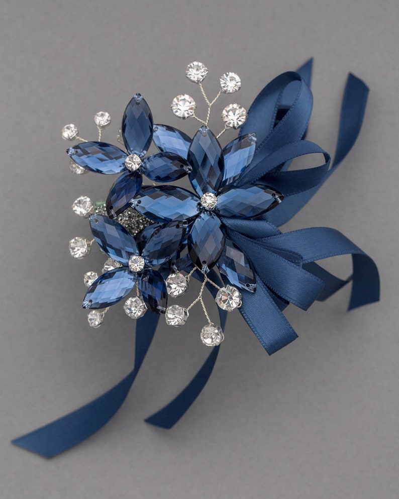 Amelia Wrist Corsage in Antique Blue Modern Flower Corsage Luxe Wedding & Prom Accessories, Perfect Navy Dresses and Prom image 2