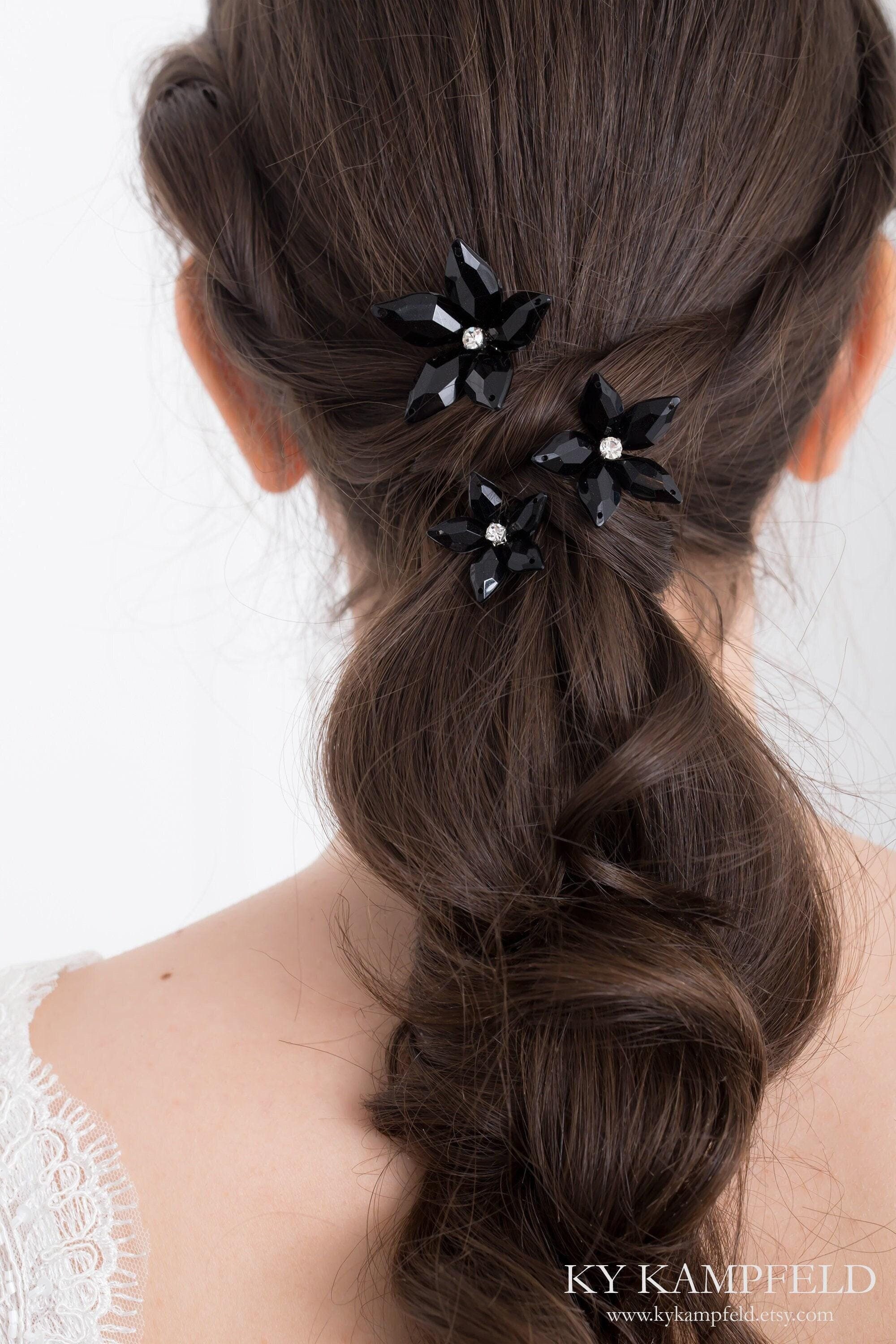 Eloise Flower Hair Pins in Jet Black: Set of 3