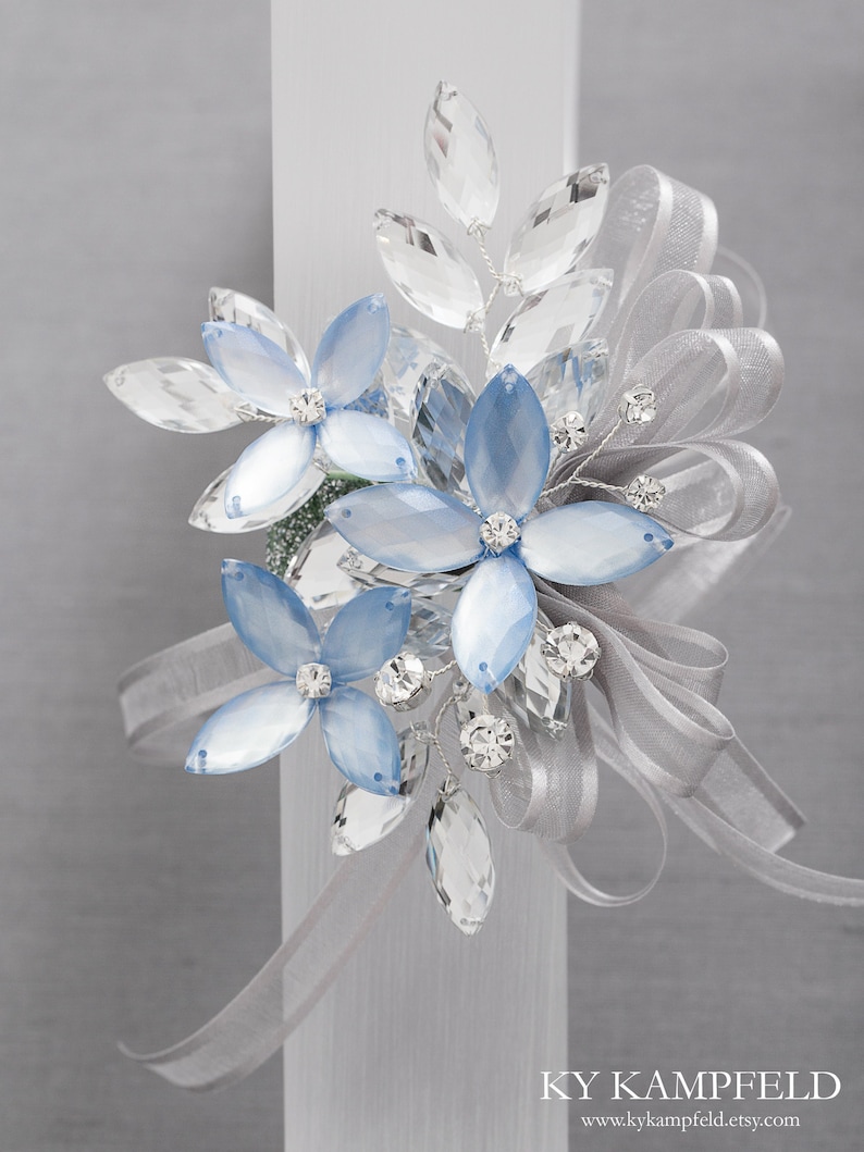 Madison Wrist Corsage in Porcelain Blue Luster and Silver Modern Flower Corsage Luxe Wedding & Prom Accessories, Perfect for Prom image 4