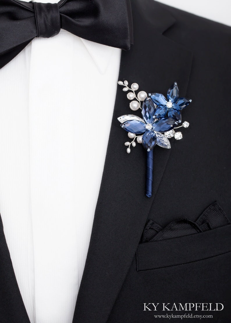 Pearl Gabriel Boutonniere in Antique Blue and Silver with White Swarovski Crystal Pearls Perfect for Weddings and Prom image 1