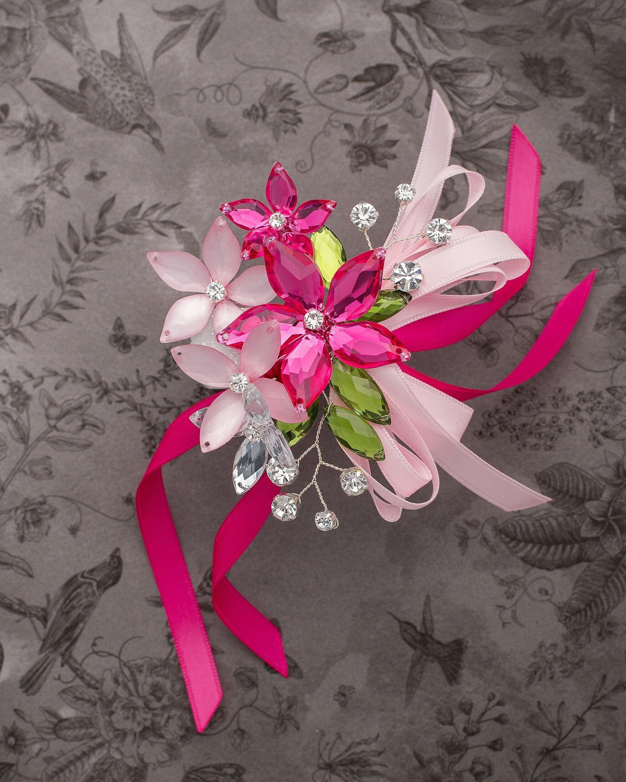 Sophie Wrist Corsage in Hot Pink, Rosey Pink Luster & Fern Green
