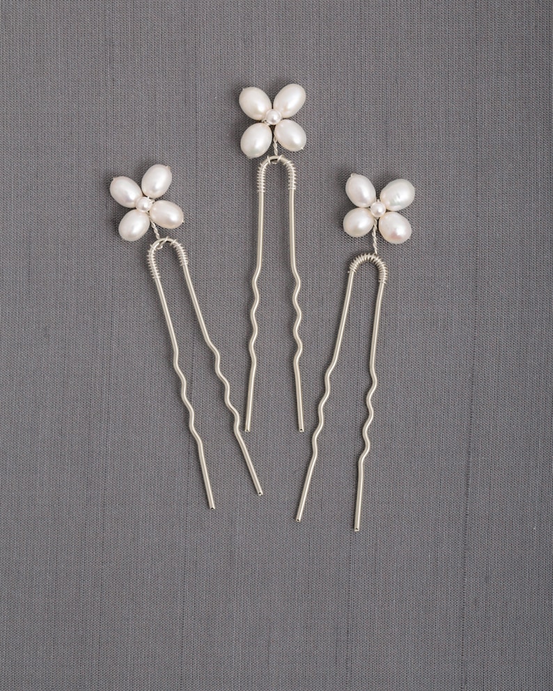 in White Freshwater Pearl Small Camille Hair Pins Boho Wedding Hair Accessory Gold Set of 3 or Rose Gold Setting Silver