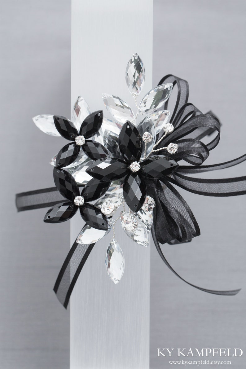 Madison Wrist Corsage in Jet Black & Silver Modern Flower Corsage Luxe Wedding and Prom Accessories, Perfect for Prom image 4