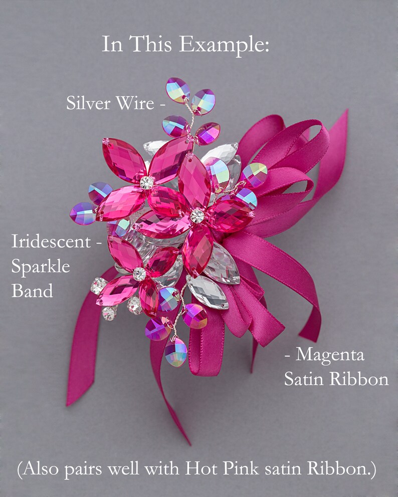 Cordelia Wrist Corsage in Hot Pink and Silver with Iridescent Hot Pink Accents Pairs well with Magenta Perfect for Prom image 2