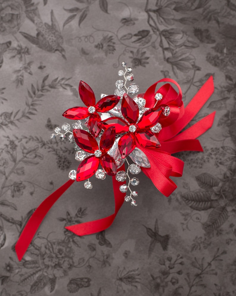 Red crystal wrist corsage for prom and weddings by Ky Kampfeld