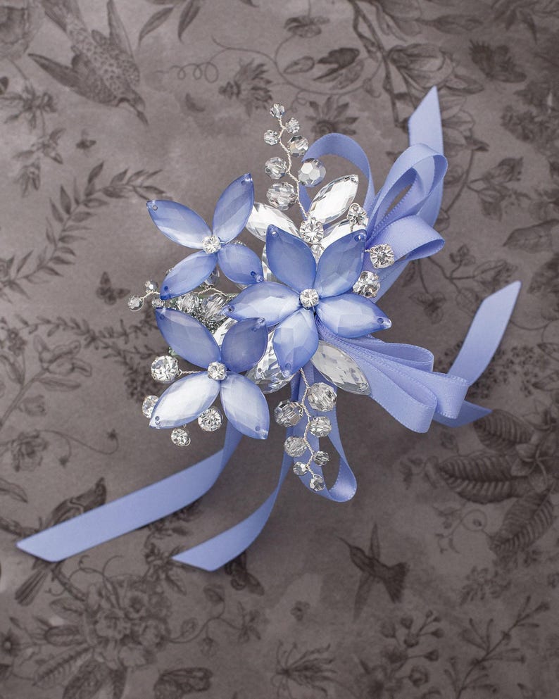 Sylvie Wrist Corsage in Deep Periwinkle Luster With Silver Crystals ...