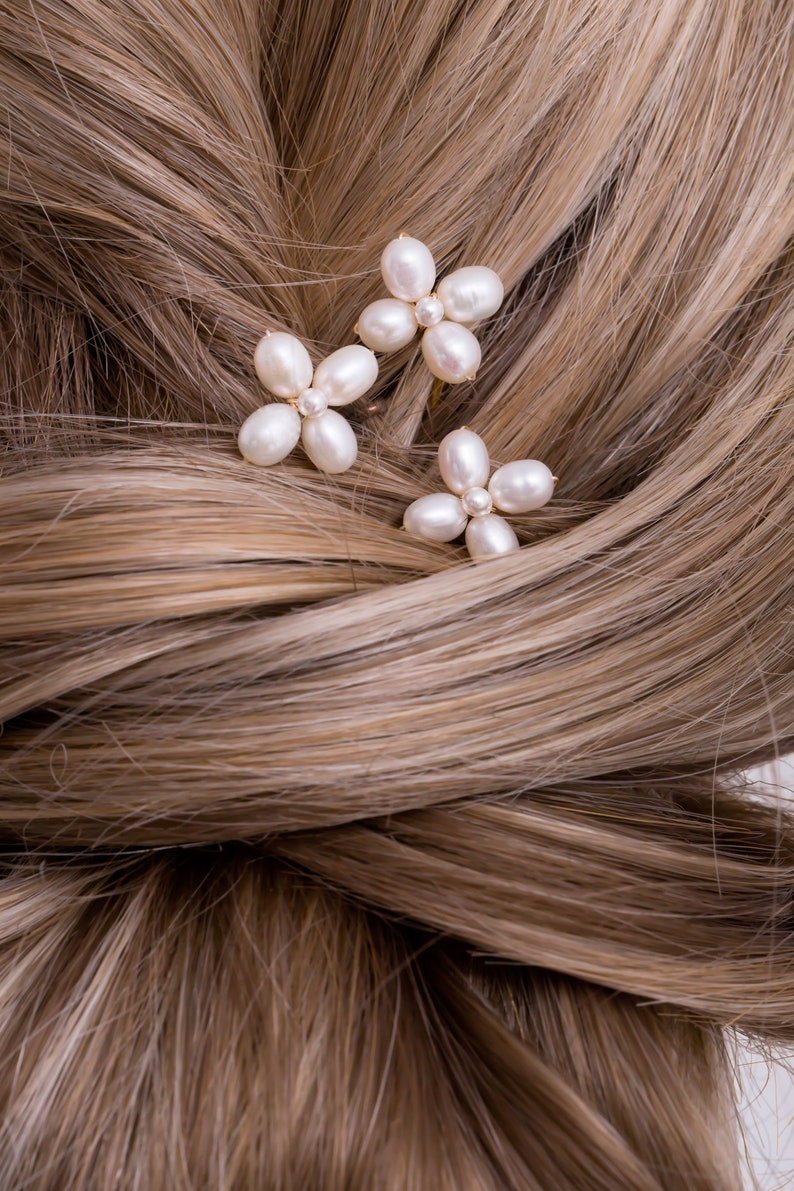 in White Freshwater Pearl Small Camille Hair Pins Boho Wedding Hair Accessory Gold Set of 3 or Rose Gold Setting Silver