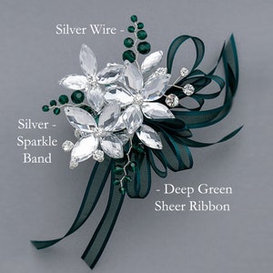 Sylvie Wrist Corsage in Silver with Deep Emerald Crystals Modern Flower Corsage Luxe Wedding and Prom Accessories image 2