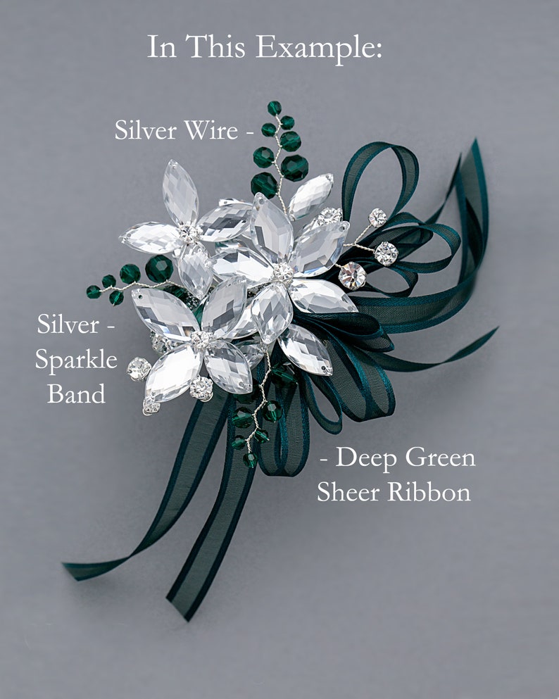 Sylvie Wrist Corsage in Silver with Deep Emerald Crystals Modern Flower Corsage Luxe Wedding and Prom Accessories image 2